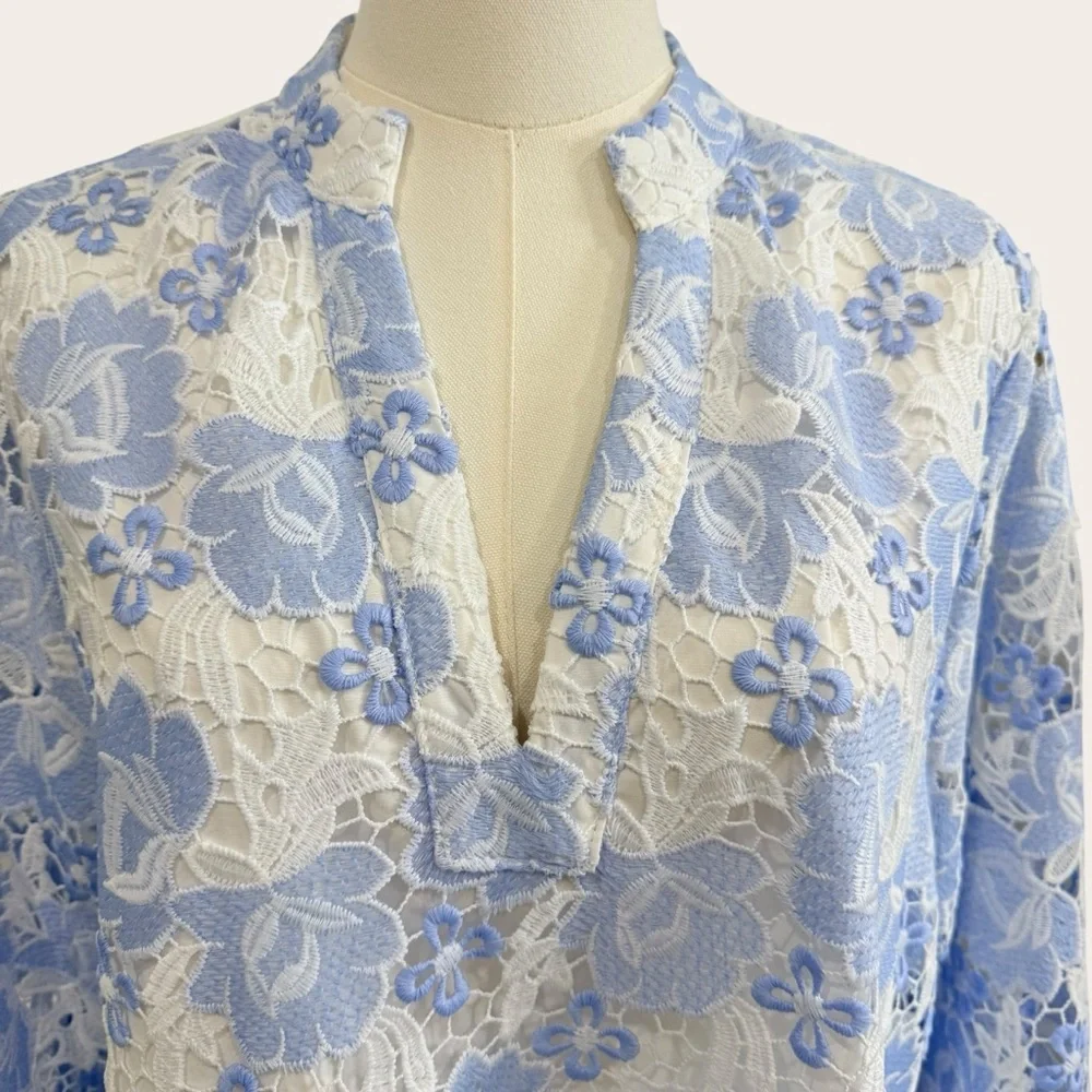 J. Marie Small Maggie Light Blue White Lace Short Dress Kaftan 3/4 Sleeve NWT - Picture 6 of 13